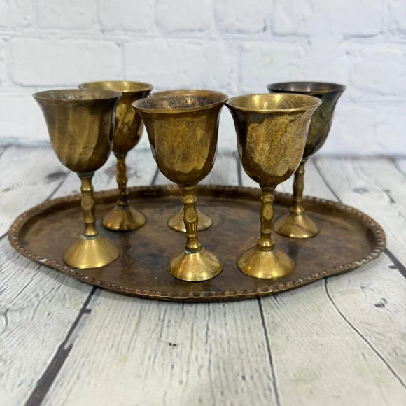 Vintage Brass Goblet Set with Tray - Picture 1 of 11